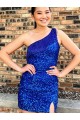 Sleeveless One Shoulder Velvet Sequin Royal Blue Short Homecoming Dresses Canada for Sale