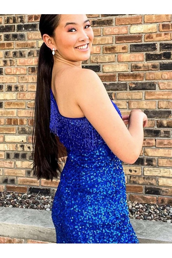 Sleeveless One Shoulder Velvet Sequin Royal Blue Short Homecoming Dresses Canada for Sale