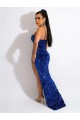 Sleeveless Spaghetti Straps Velvet Sequin Royal Blue Sweep Train Evening Gowns Canada for Sale