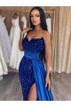Sleeveless Sweetheart Velvet Sequin Royal Blue Sweep Train Evening Dresses Canada for Sale