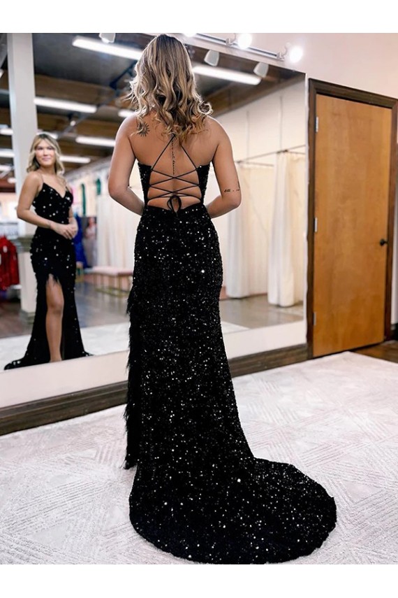 Sleeveless V-Neck Velvet Sequin Royal Blue Sweep Train Evening Dress Canada for Sale