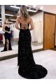 Sleeveless V-Neck Velvet Sequin Royal Blue Sweep Train Evening Dress Canada for Sale