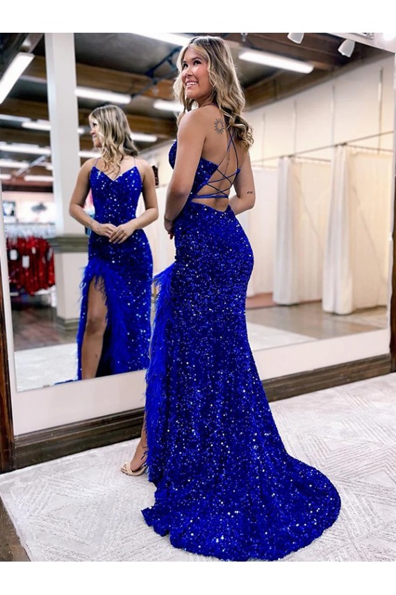 Sleeveless V-Neck Velvet Sequin Royal Blue Sweep Train Evening Dress Canada for Sale