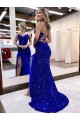 Sleeveless V-Neck Velvet Sequin Royal Blue Sweep Train Evening Dress Canada for Sale
