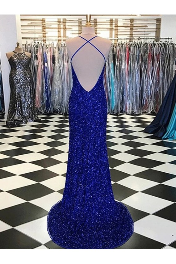 Sleeveless V-Neck Velvet Sequin Royal Blue Sweep Train Evening Gown Canada for Sale