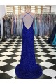 Sleeveless V-Neck Velvet Sequin Royal Blue Sweep Train Evening Gown Canada for Sale