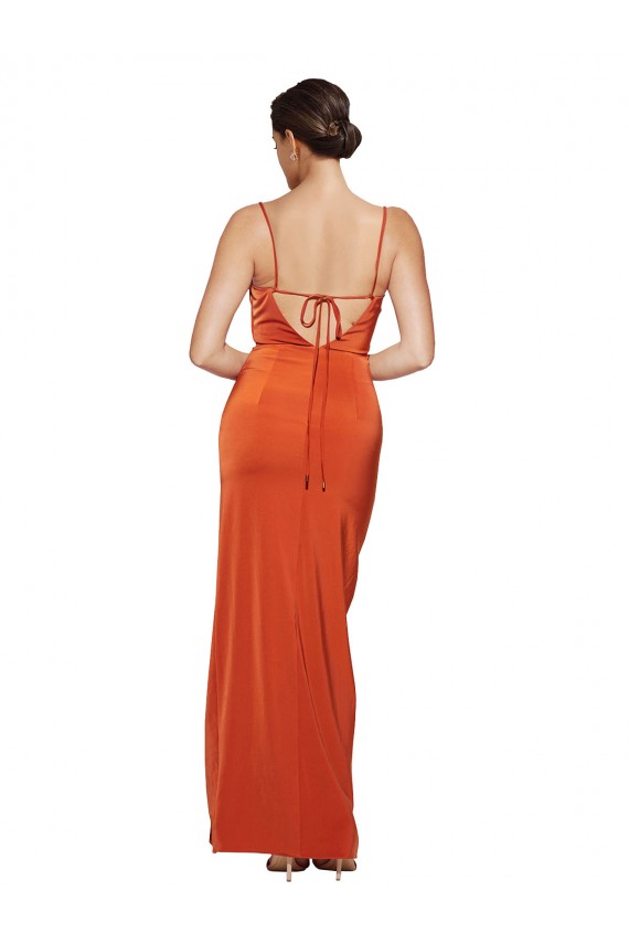 Sleeveless Cowl Neck Stretch Satin Rust Sweep Train Formal Evening Dress Canada for Sale