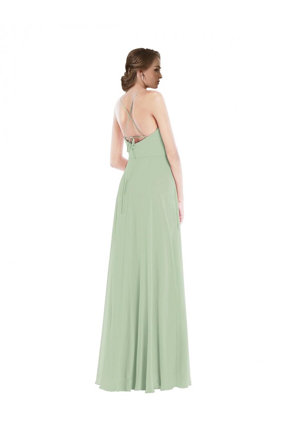 Sleeveless Scoop Neck Soft Chiffon Sage Long Semi Formal Evening Dress Canada for Sale