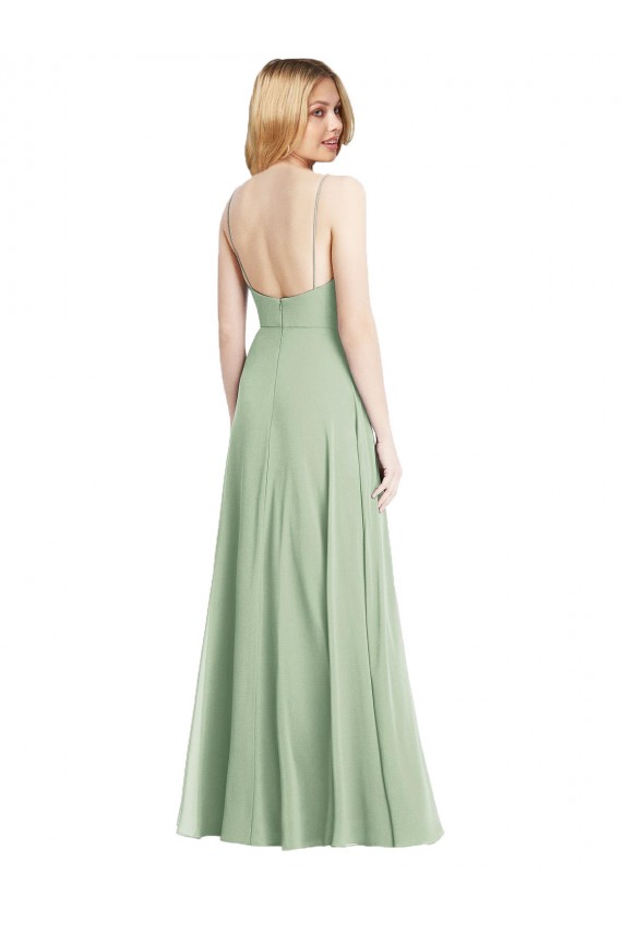 Sleeveless Square Neck Soft Chiffon Sage Long Formal Evening Dress Canada for Sale