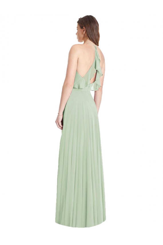 Cold Shoulder V-Neck Soft Chiffon Sage Long Semi Formal Evening Dress Canada for Sale