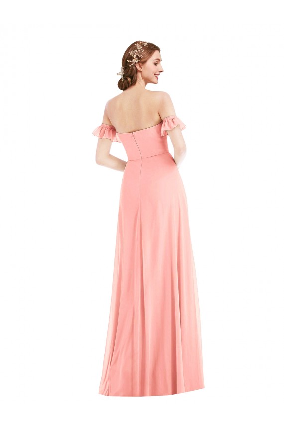 Flutter Sleeves Off the Shoulder Soft Chiffon Salmon Long Semi Formal Evening Dress Canada for Sale