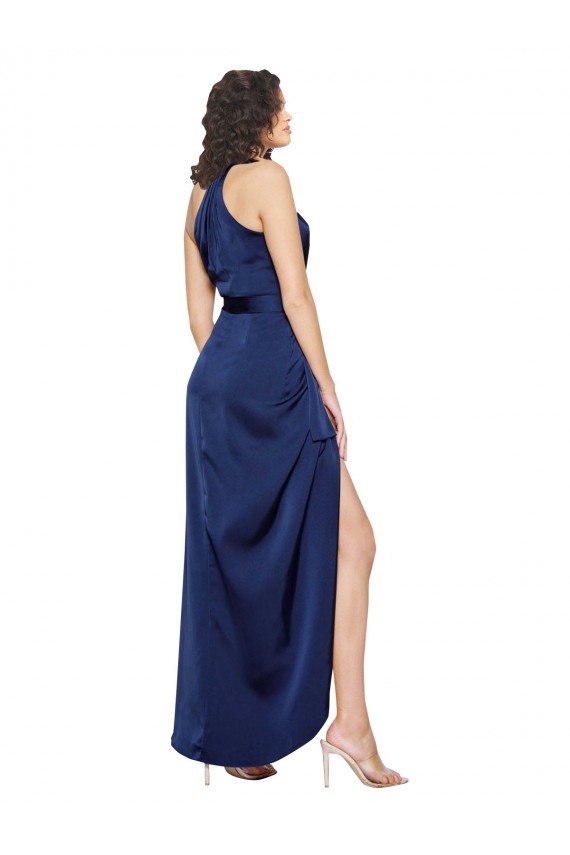 Sleeveless High Neck Silky Satin Sapphire Long High Low Evening Dress Canada for Sale