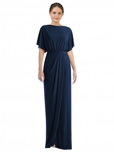 Short Sleeves Bateau Neck Spandex Dark Navy Long Semi Formal Evening Dress Canada for Sale
