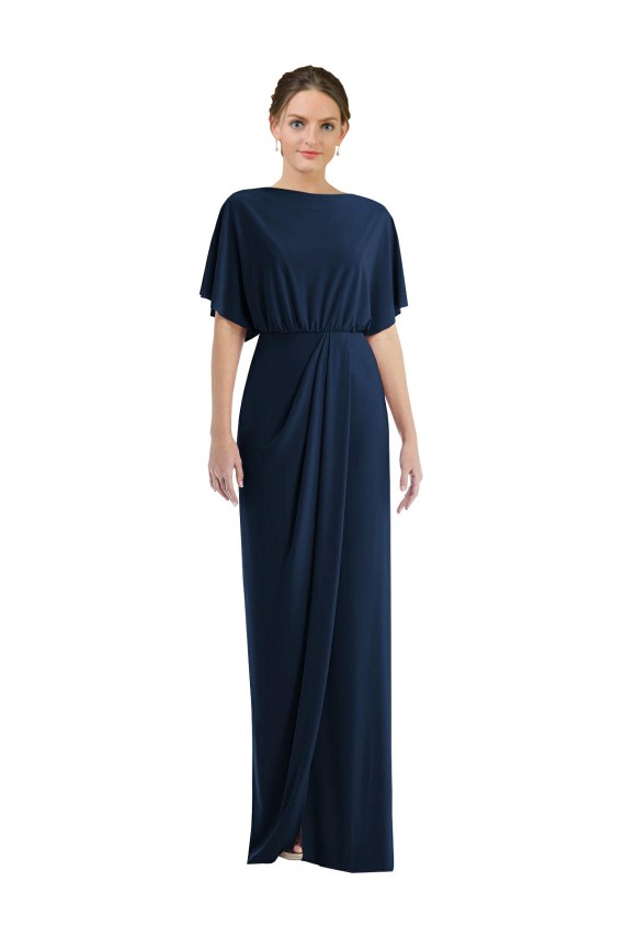 Short Sleeves Bateau Neck Spandex Dark Navy Long Semi Formal Evening Dress Canada for Sale