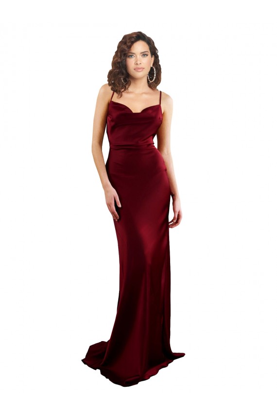 Sleeveless Cowl Neck Silky Satin Burgundy Long Formal Evening Dress Canada for Sale