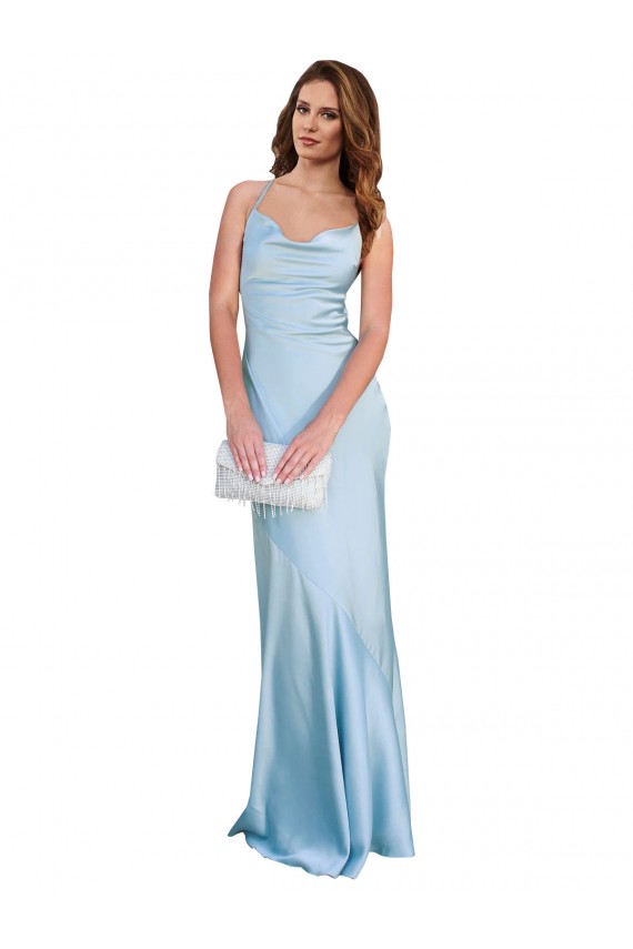 Sleeveless Cowl Neck Silky Satin Light Sky Blue Long Formal Evening Dress Canada for Sale