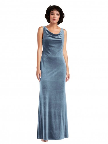 Sleeveless Cowl Neck Stretch Velvet Dusty Blue Long Evening Dress Canada for Sale