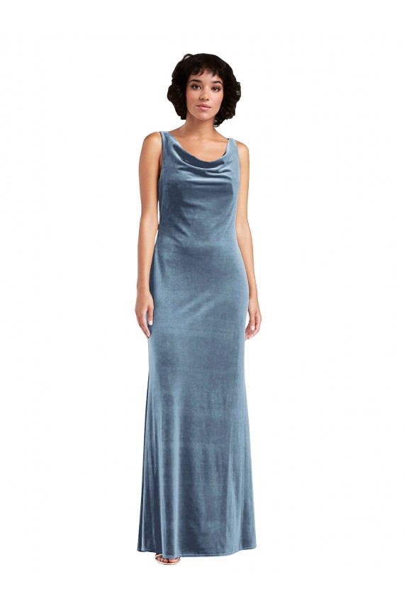 Sleeveless Cowl Neck Stretch Velvet Dusty Blue Long Evening Dress Canada for Sale