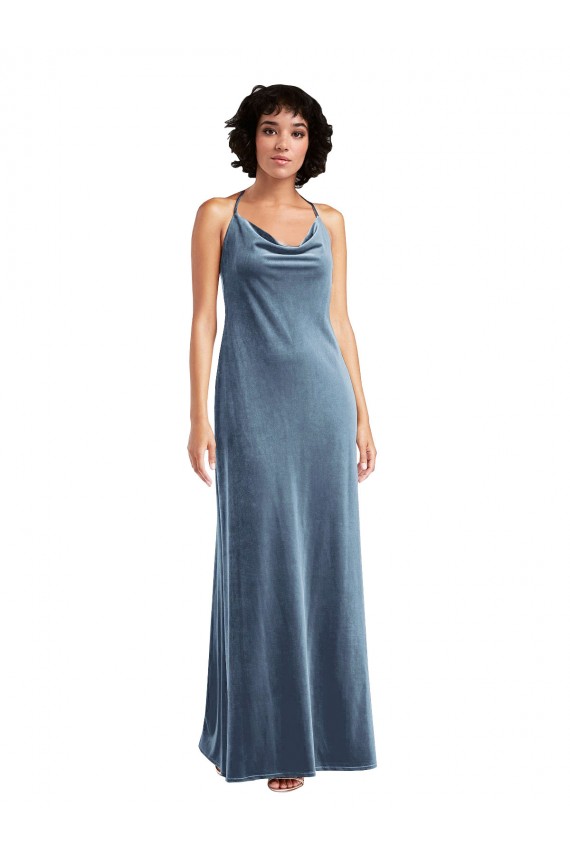 Sleeveless Cowl Neck Stretch Velvet Dusty Blue Long Evening Gown Canada for Sale