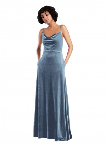 Sleeveless Cowl Neck Stretch Velvet Dusty Blue Long Semi Formal Evening Dress Canada for Sale