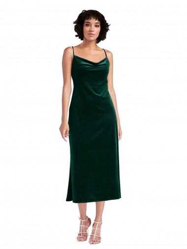 Sleeveless Cowl Neck Stretch Velvet Dark Green Midi Length Black Tie Evening Dress Canada for Sale
