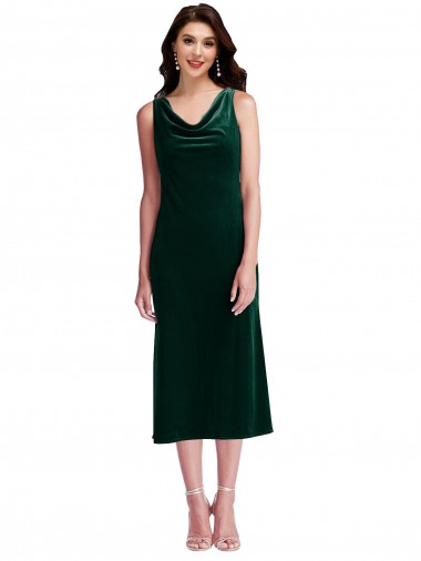 Sleeveless Cowl Neck Stretch Velvet Dark Green Midi Length Evening Dress Canada for Sale