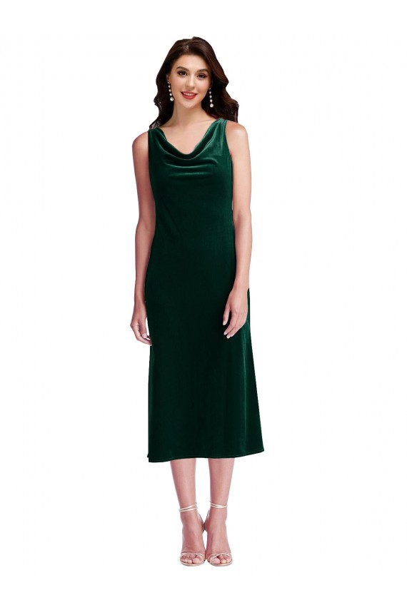Sleeveless Cowl Neck Stretch Velvet Dark Green Midi Length Evening Dress Canada for Sale