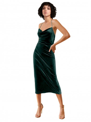 Sleeveless Cowl Neck Stretch Velvet Dark Green Midi Length Formal Dress Canada for Sale