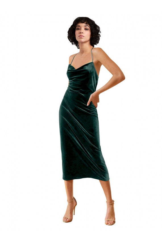 Sleeveless Cowl Neck Stretch Velvet Dark Green Midi Length Formal Dress Canada for Sale