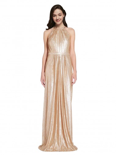 Sleeveless High Neck Sequin Gold Long Formal Evening Dress Canada for Sale