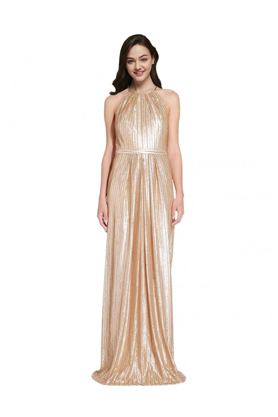 Sleeveless High Neck Sequin Gold Long Formal Evening Dress Canada for Sale