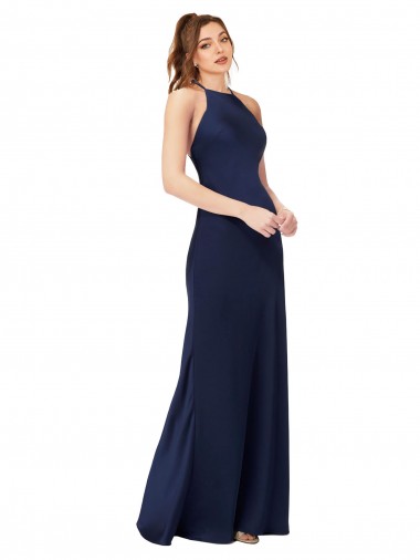 Sleeveless High Neck Silky Satin Sapphire Sheath Long Formal Evening Dress Canada for Sale