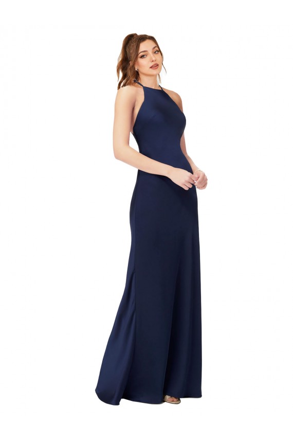 Sleeveless High Neck Silky Satin Sapphire Sheath Long Formal Evening Dress Canada for Sale