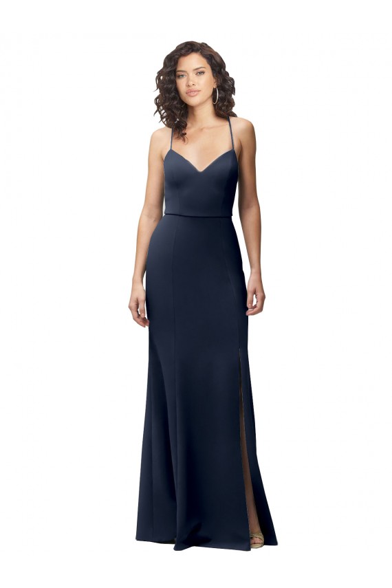 Sleeveless High Neck Stretch Crepe Dark Navy Long Formal Evening Dress Canada for Sale