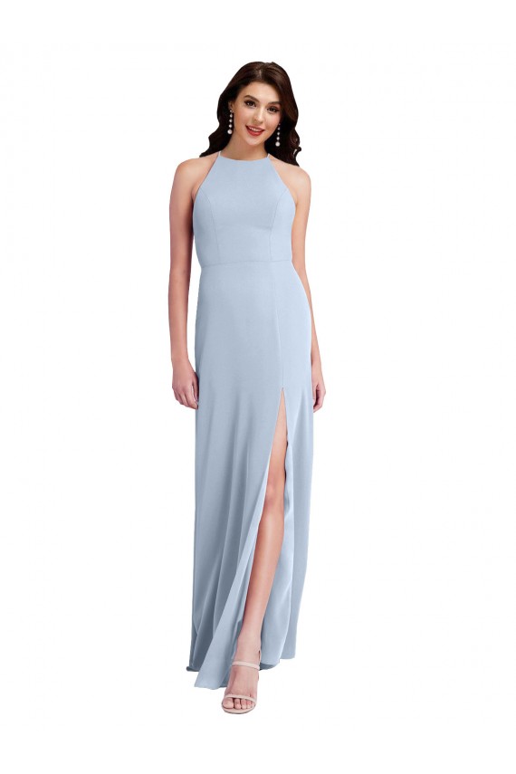 Sleeveless High Neck Stretch Crepe Light Sky Blue Sheath Long Formal Evening Dress Canada for Sale