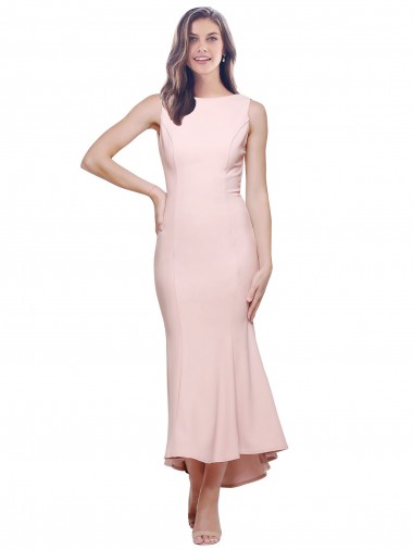 Sleeveless High Neck Stretch Crepe Pink Midi Length High Low Evening Dress Canada for Sale