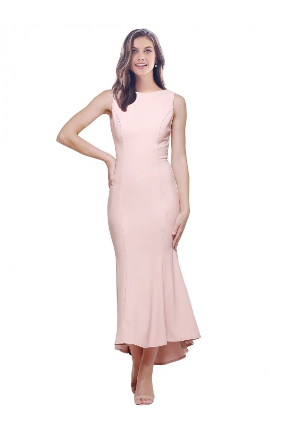 Sleeveless High Neck Stretch Crepe Pink Midi Length High Low Evening Dress Canada for Sale