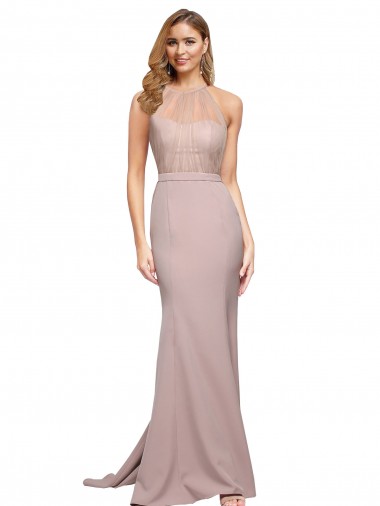 Sleeveless High Neck Stretch Crepe Dusty Pink Sweep Train Formal Evening Dress Canada for Sale