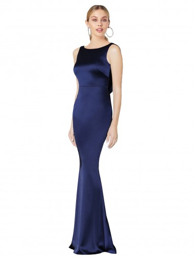 Sleeveless High Neck Stretch Satin Dark Navy Long Formal Evening Dress Canada for Sale