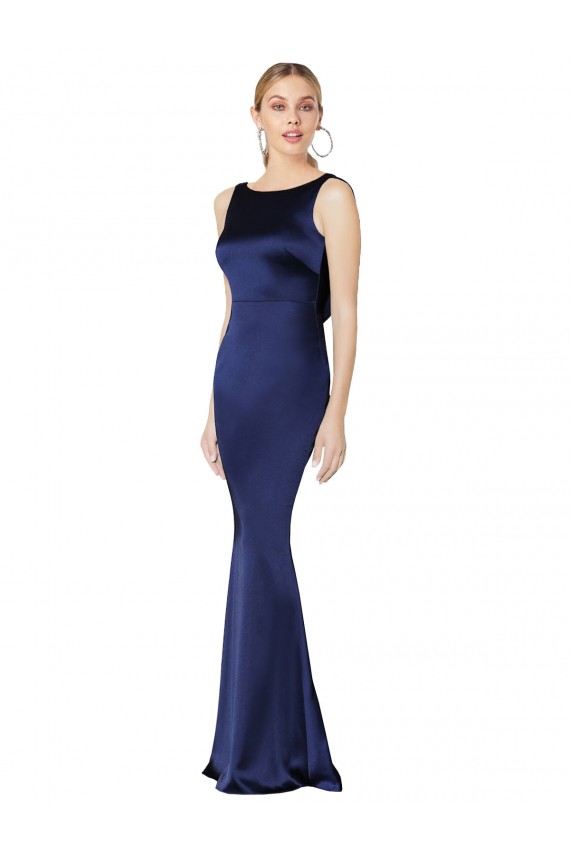 Sleeveless High Neck Stretch Satin Dark Navy Long Formal Evening Dress Canada for Sale