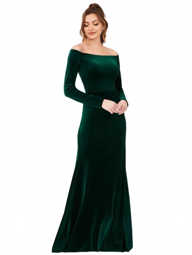 Long Sleeves Off the Shoulder Stretch Velvet Dark Green Long Formal Evening Dress Canada for Sale