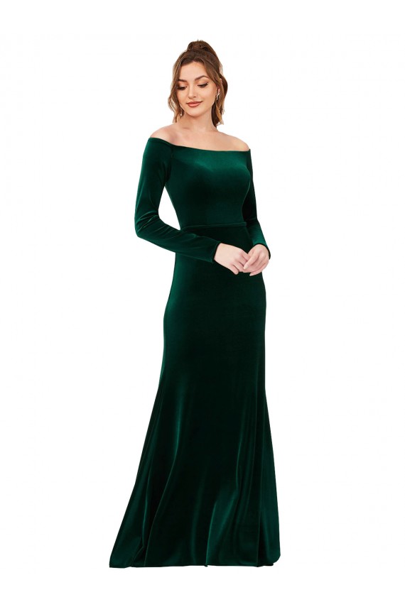 Long Sleeves Off the Shoulder Stretch Velvet Dark Green Long Formal Evening Dress Canada for Sale