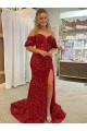 Short Sleeves Off the Shoulder Velvet Sequin Red Court Train Evening Dress Canada for Sale
