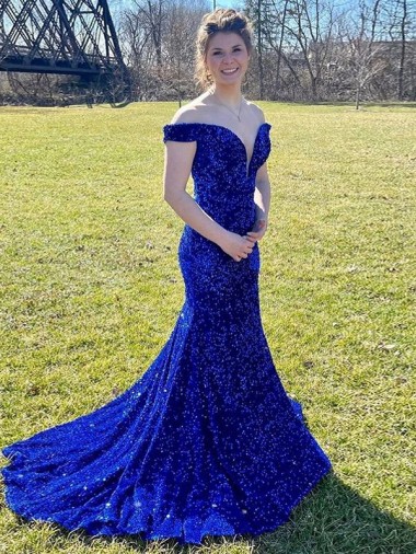 Sleeveless Off the Shoulder Velvet Sequin Royal Blue Sweep Train Evening Dress Canada for Sale