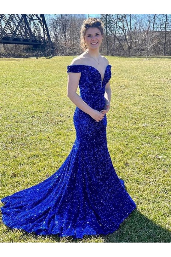 Sleeveless Off the Shoulder Velvet Sequin Royal Blue Sweep Train Evening Dress Canada for Sale