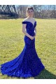 Sleeveless Off the Shoulder Velvet Sequin Royal Blue Sweep Train Evening Dress Canada for Sale