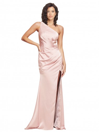 Sleeveless One Shoulder Silky Satin Pink Long Formal Evening Dress Canada for Sale