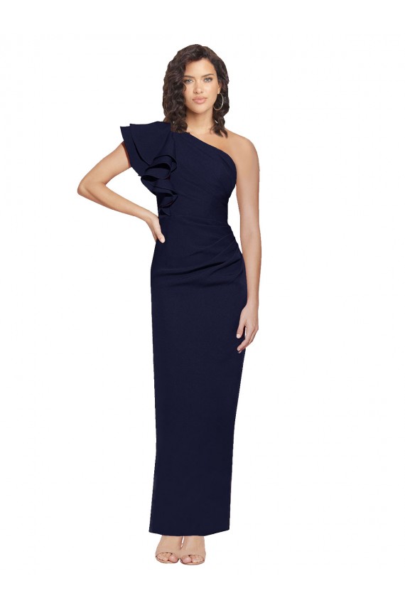 Sleeveless One Shoulder Stretch Crepe Dark Navy Sheath Long Formal Evening Dress Canada for Sale