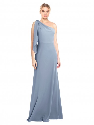 Flutter Sleeves One Shoulder Stretch Crepe Smoke Blue Long Formal Dress Canada for Sale