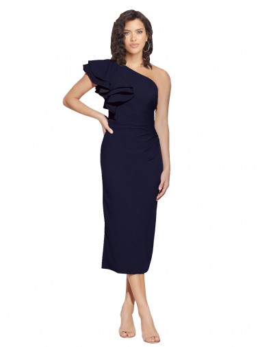 Sleeveless One Shoulder Stretch Crepe Dark Navy Midi Length Formal Evening Dress Canada for Sale